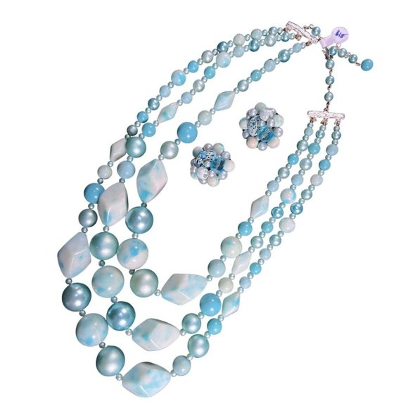 Vintage Blue Multi Strand Chunky Beaded Necklace JAPAN Matching Earrings - Picture 1 of 7